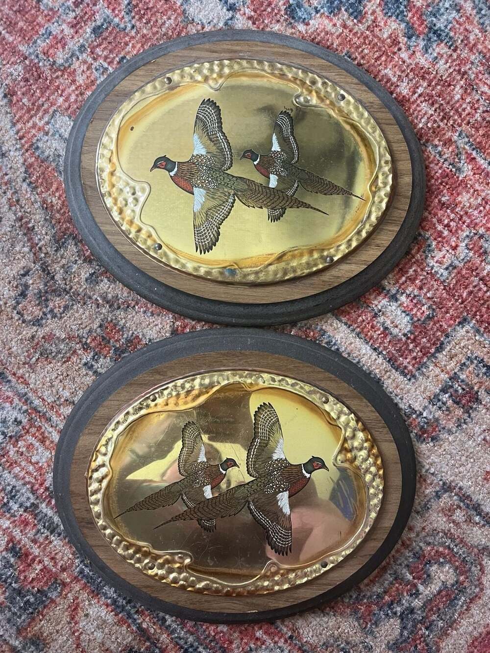 Set of 2 Vintage Oval Wood and Hammered Brass Flying Pheasant Wall Plaques